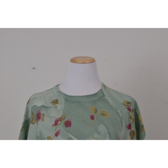 Vintage 90s ramie/acrylic Green Floral Knit‎ Top size M - Picture 7 of 10
